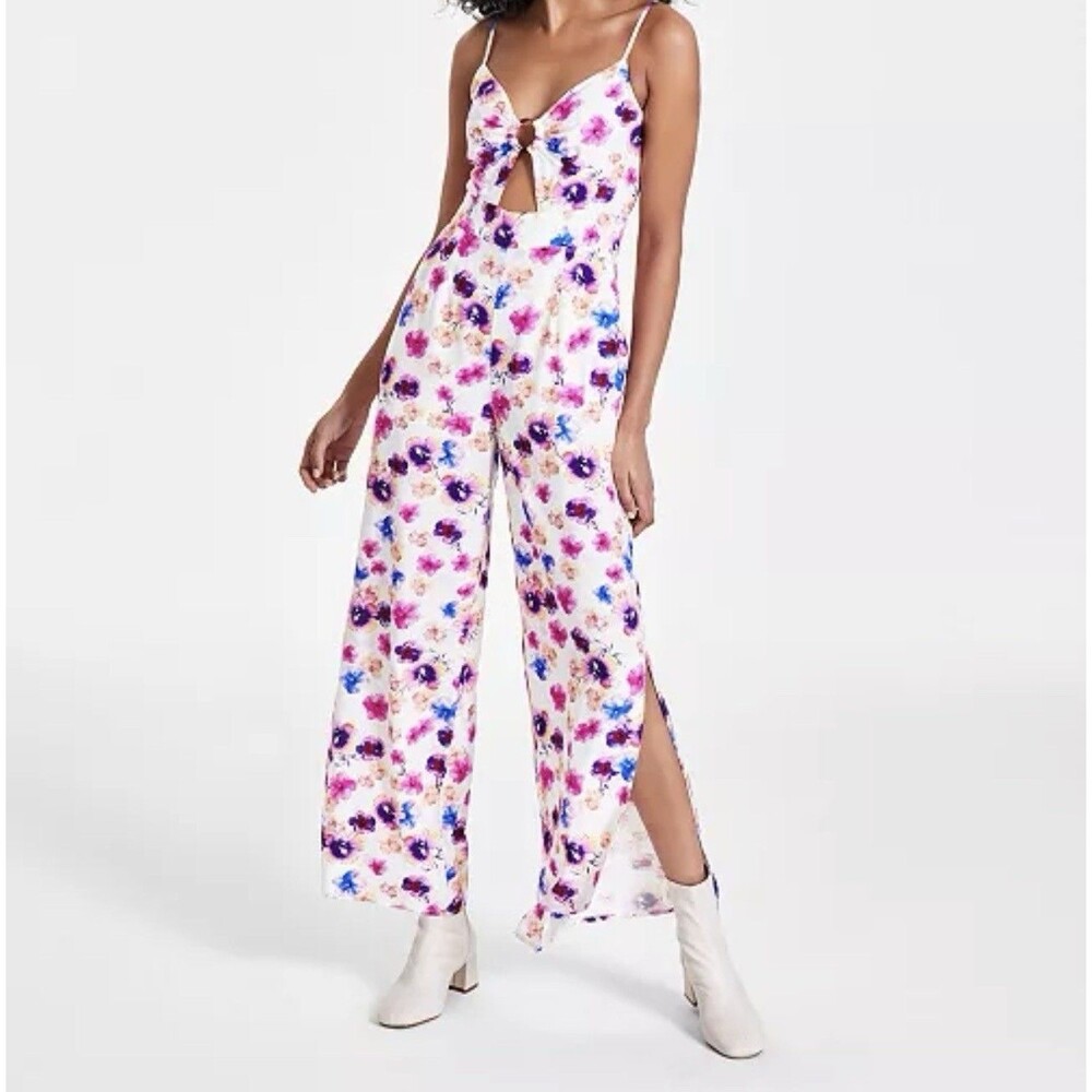 Bar III Women’s 18W White Floral V-Neck Wide-Leg Jumpsuit Ring Smocked Slits